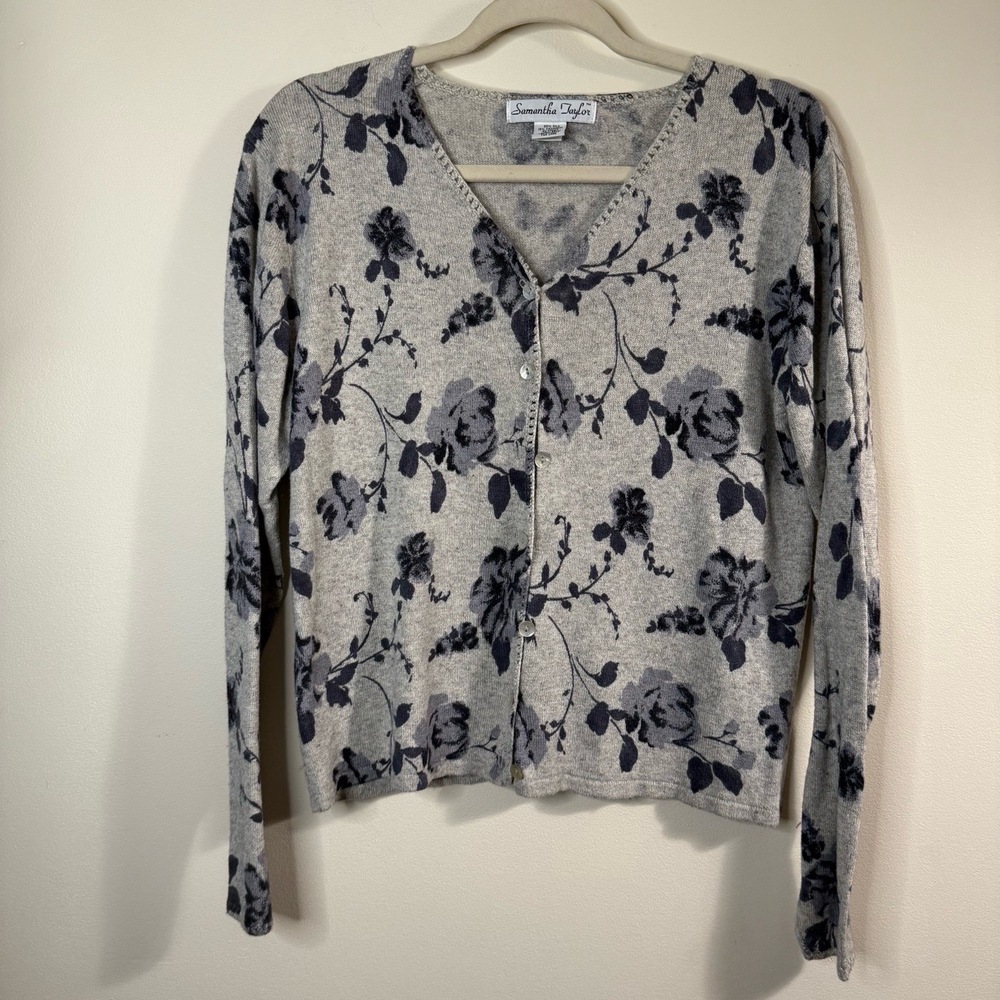 Samantha Taylor Grey Silk Cashmere Cardigan Medium Floral VNeck Sweater